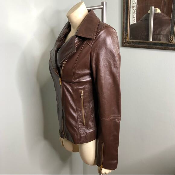Leather Moto Jacket in chocolate brown gold zip - Picture 6 of 9